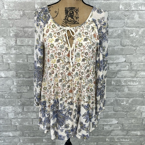 Free People Mixed Media Print Floral Peasant Top - Picture 1 of 6